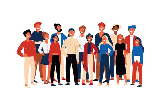 Confident people, student society members, cheerful volunteers standing together, smiling young men. Happy activists, multiethnic group concept cartoon sketch. Flat vector illustration