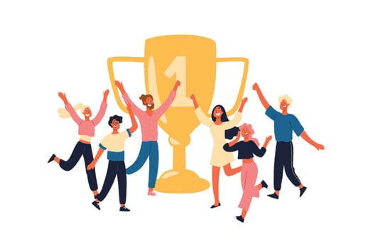 Winners with golden trophy, cheerful team members happy with prize, cup, champions, sportsmen with first place goblet. Victory, successful people concept cartoon sketch. Flat vector illustration
