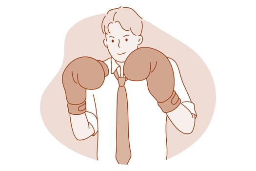 Business, competition, challenge concept. Young confident businessman cartoon character in boxing gloves standing and feeling ready to fight or defend in market business vector illustration