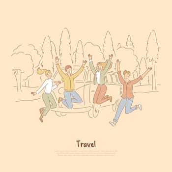 Friends enjoying road trip, teenagers, students having fun outdoors, in countryside banner. Traveling by vintage car to national park, forest concept cartoon sketch. Flat vector illustration
