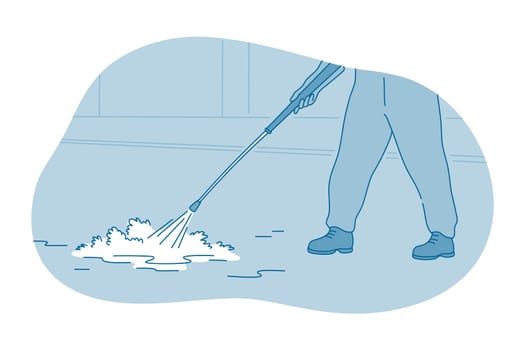 Cleaning, housework, washing concept. hands of worker or maid making floor cleaning with lexical foam liquid and mop indoors at home vector illustration