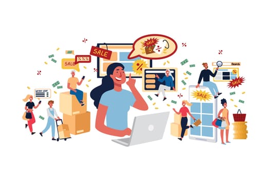 Black friday sale, shopaholics paradise, shoppers using discount offers, buyers, customers ordering products online. Consumerism, e-commerce, shopping concept cartoon sketch. Flat vector illustration