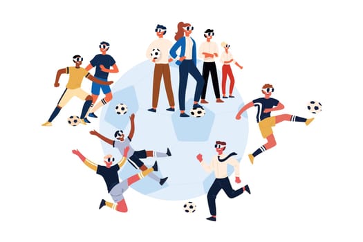 Soccer players wearing virtual reality headsets, male, female footballers in VR glasses kicking ball. Modern 3d digital entertainment technologies concept cartoon sketch. Flat vector illustration