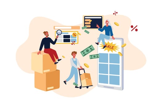 E-commerce websites discount offers, holiday sale, shoppers searching for best price, ordering products online. Shipping service delivery guy concept cartoon sketch. Flat vector illustration
