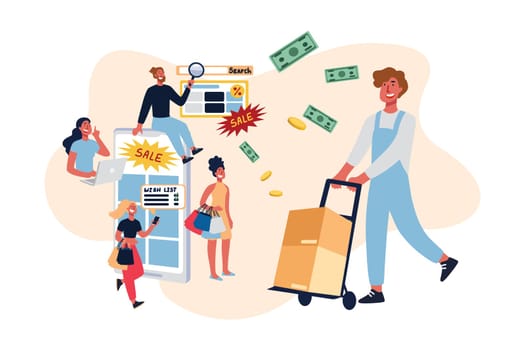 Total sale, shoppers on black friday buying electronics, cheerful clients, customers happy with purchases. E-commerce, online shopping concept cartoon sketch. Flat vector illustration