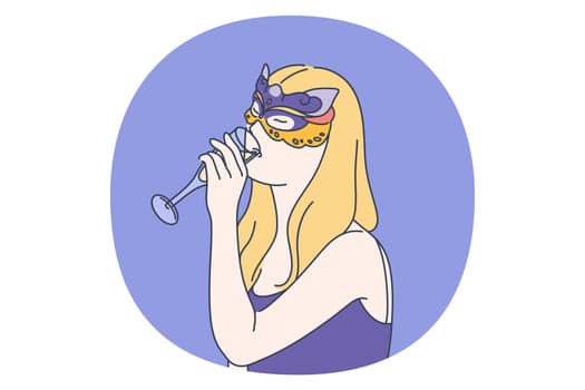 Party, celebration, festive costume concept. Young woman cartoon character in decorative face mask and dress standing and drinking champagne during holiday party vector illustration