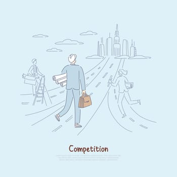 Competition in labor market, fighting for career opportunities metaphor, architects, designers offering projects banner. Competitive workers, employees concept cartoon sketch. Flat vector illustration