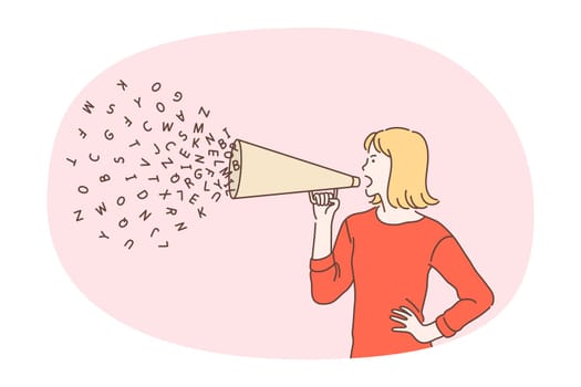 Announcement, speaker, communication concept. Young active woman cartoon character standing and shouting in megaphone speaker announcing something loud vector illustration