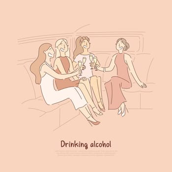Women sitting in elite car with glasses, celebrating bachelorette party with girlfriends, having toast in seat of limo banner. Drinking alcohol cartoon concept sketch. Flat vector illustration