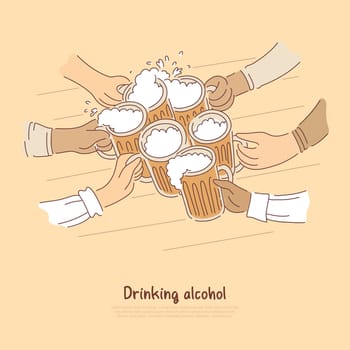 Drinking alcohol, beer with foam, ale glasses clinking, meeting, relax with friends in bar banner. Oktoberfest event, traditional German beverage concept cartoon sketch. Flat vector illustration