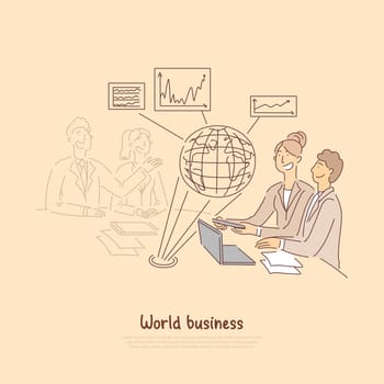 World business forum, foreign partners discuss cooperation, global trends, macroeconomic statistics banner. International partnership, economy experts concept cartoon sketch. Flat vector illustration