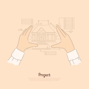 Creator arms metaphor, architect envisioning future house, blueprint measurements of building project banner. Engineer designs cottage construction concept cartoon sketch. Flat vector illustration