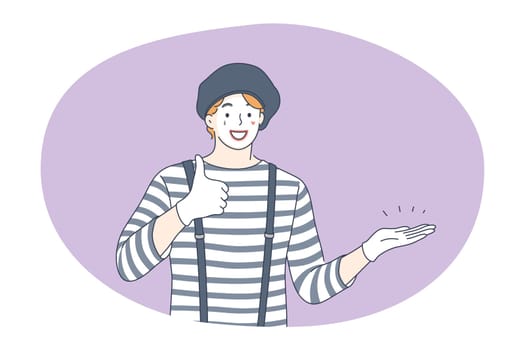 Circus, performance, entertainment concept. Young man clown performer cartoon character in striped costume and cap showing thumbs up sign during circus show. Leisure, art, performer illustration