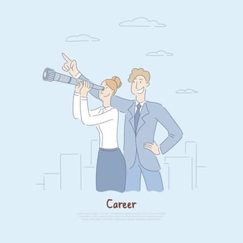 Businessman pointing at sky, businesswoman looking into telescope, planning for future metaphor, job opportunities banner. Career development cartoon concept sketch. Flat vector illustration