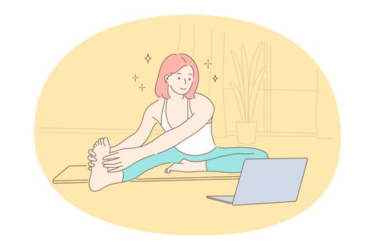 Online workout, yoga, pilates concept. Young happy woman cartoon character exercising and practicing yoga and meditation on fitness mat at home with laptop and distant lesson on screen