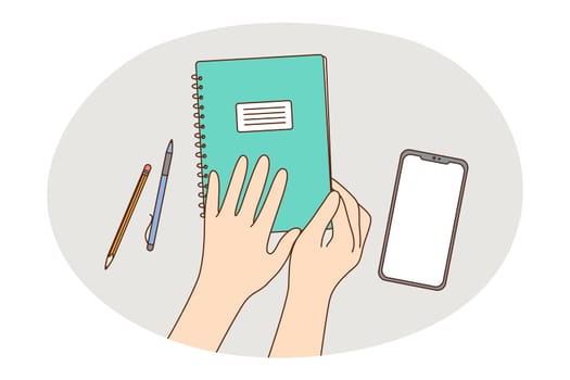 Time management, planning, gadgets concept. Hands of person opening notebook for adding event or forming schedule with smartphone on table vector illustration, top view