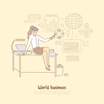 Modern world business management, manager in virtual reality headset preparing statistical report on economic transactions banner. Globalized economy concept cartoon sketch. Flat vector illustration