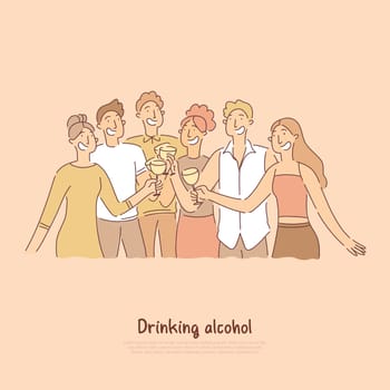 People having toast together, young men, women having party with beverage, weekend pastime for group of adults banner. Drinking alcohol, cocktail party cartoon concept sketch. Flat vector illustration