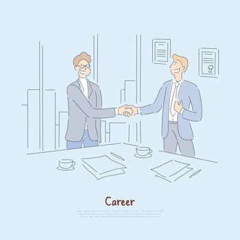 Striking deal, interview success, signing employment papers and contract, businessmen meeting in office banner. Career start, employment, recruitment cartoon concept sketch. Flat vector illustration