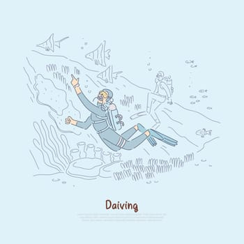 Diving fans studying underwater world, scuba divers in wetsuits with aqualungs swimming in sea banner. Oceanologists, scientists examine ecosystem concept cartoon sketch. Flat vector illustration