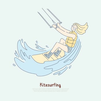Kitesurfing fan enjoying vacations, surfer riding kite wearing life jacket, extreme hobby banner. Sportswoman enjoying freestyle tricks on kiteboard concept cartoon sketch. Flat vector illustration