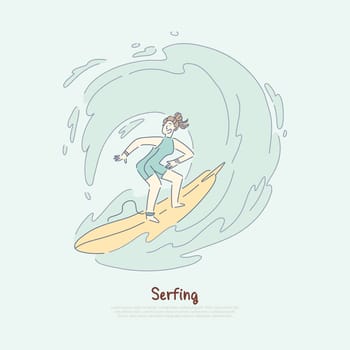 Girl on surfboard riding wave, female surfer enjoying active sport, surfing fan having fun banner. Extreme water sports, summer outdoor activity concept cartoon sketch. Flat vector illustration