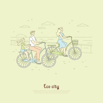 Family having bike ride near shore of sea, ocean, ecologically friendly transportation, fun weekend activity banner. Modern eco city cartoon concept sketch. Flat vector illustration