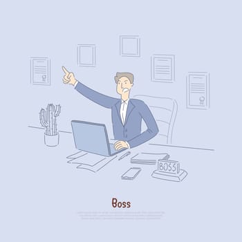 Employer giving out commands, mad office worker in suit, company owner in office, stock broker at computer banner. Yelling boss at work concept cartoon sketch. Flat vector illustration