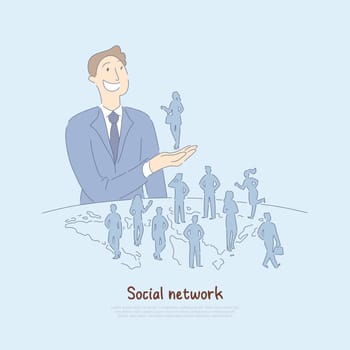 Happy man holding woman in hand, business online connection with people worldwide, modern world of communication banner. Social network cartoon concept sketch. Flat vector illustration