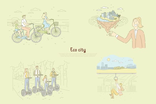 Family riding bicycles and electrical scooters outdoors, woman presenting environmentally friendly town model, change for future banner. Eco city cartoon concept sketch. Flat vector illustration