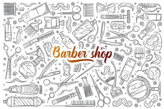 Hand drawn hairdresser tools. Hair styling related equipment doodle set background