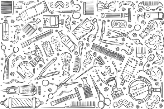 Hand drawn hairdresser tools. Hair styling related equipment doodle set background
