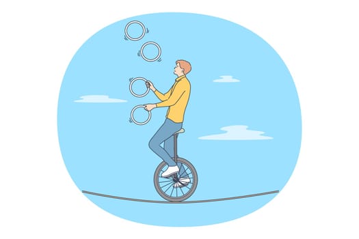 Acrobat, performer, challenge concept. Young man acrobat circus artist riding on bike on rope and juggling with rings over blue sky at background vector illustration. Confidence skill success