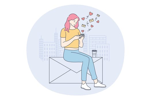 Smartphone, online communication and dating concept. Young girl cartoon character sitting with smartphone in hands, chatting, searching information in internet, calling, dating, communicating online