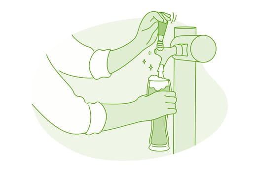 Draft beer from tap, brewery and bar concept. Hands of bartender barista pouring fresh frothy beer from tap to glass serving to customer vector illustration. Ale later drink and oktoberfest