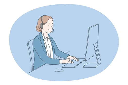 Job, career, working in office concept. Young woman call center operator specialist on headphones working with online calls in office. Job specialist, working sphere illustration
