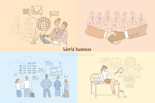Global trade, digitized business development, international partnership, stock market analytics, global trade banner. World business cartoon concept sketch. Flat vector illustration