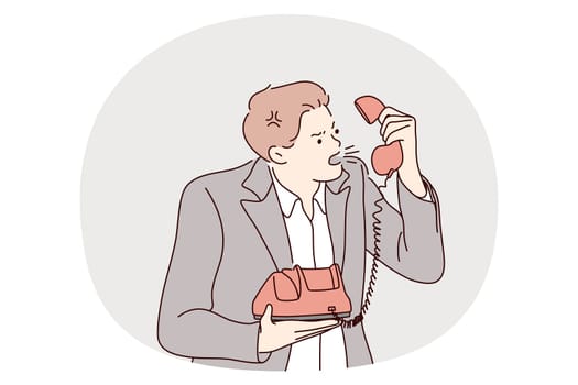 Anger, evil, furious man concept. Young angry furious male cartoon character standing and shouting on phone during quarrelling vector illustration. Scandal, fight, quarrel