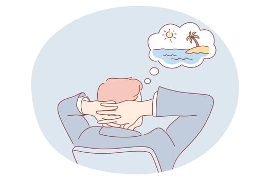 Working in office, travel, vacations concept. Young businessman office worker cartoon character sitting working and dreaming about traveling to paradise island and have rest near sea