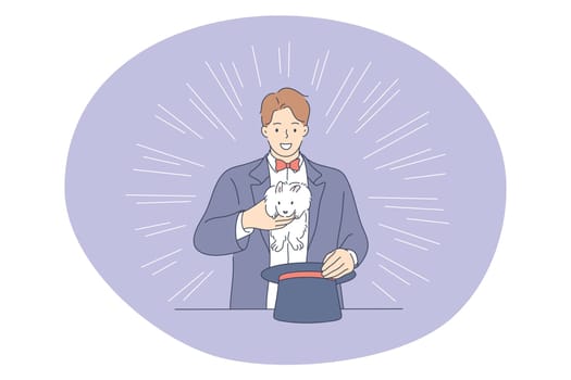 Circus, performance, entertainment concept. Young man magician performer cartoon character showing magic tricks with hat and rabbit during circus show. Leisure, art, performer illustration