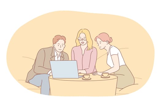 Teamwork, brainstorming, business communication about startup concept. Group of young business people coworkers or partners sitting with laptop and sharing ideas about corporate projects illustration
