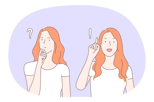 Sign language, gestures, hands communication concept. Young smiling girl cartoon character standing and expressing doubt and confidence and having decision with fingers