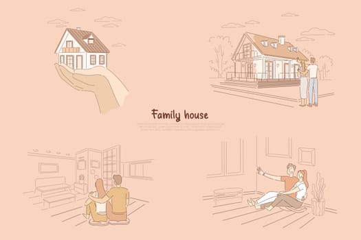 Two hands holding house metaphor, young couple looking at future home, newlyweds sitting in house together banner. Family dream house cartoon concept sketch. Flat vector illustration