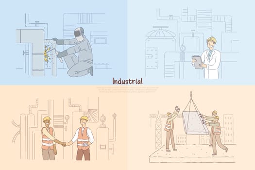 Man welding pipes in factory, constructing engineer checking equipment, construction workers on site banner. Industrial professions cartoon concept sketch. Flat vector illustration