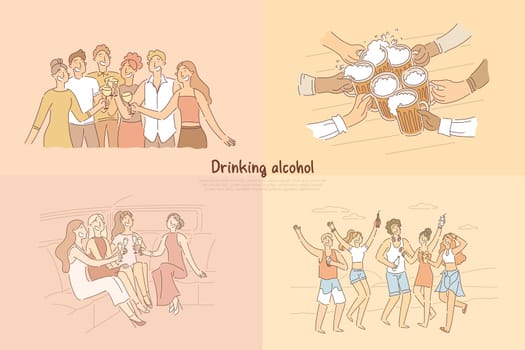 Group of friends having toast at club, pub, girlfriends sitting in elite car having champagne, bachelorette party celebration banner. Drinking alcohol cartoon concept sketch. Flat vector illustration