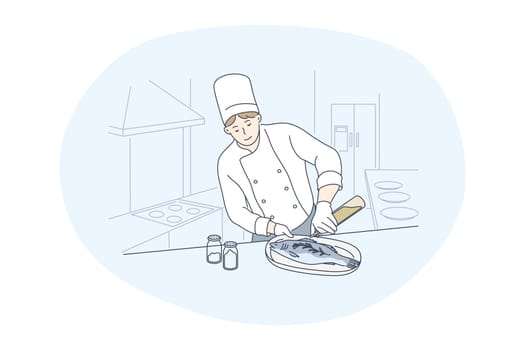 Cooking, professional chef, restaurant concept. Young man professional cook in apron and hat cooking fish in kitchen of cafe alone. Gourmet, delicious, tasty, clean eating menu vector illustration