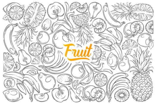 Hand drawn different fruits banana, pineapple, apple, pear etc. Kiwi, peach and apricot doodle set background