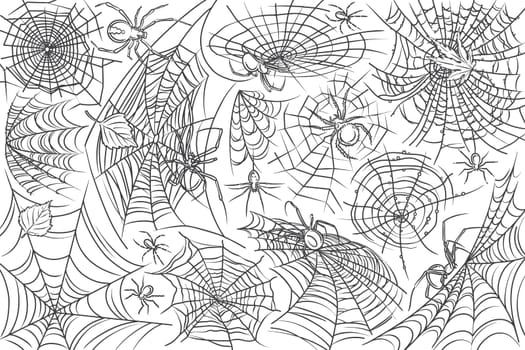 Hand drawn spider and web. Cobweb and spider, symbols of horror danger doodle set background