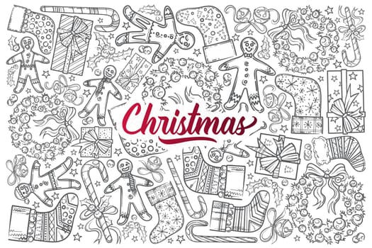 Hand drawn gingerbread, wreath, gift. Bells, socks and other symbols of Christmas doodle set background