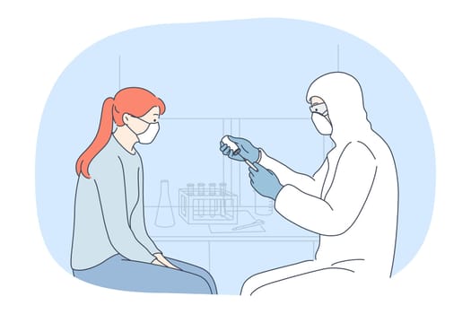 Vaccination, coronavirus infection epidemic, protective facial mask concept. Doctor in protective costume holding syringe with vaccine against COVID-19 and ready to make vaccination for girl patient